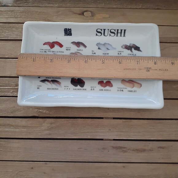 Two Rectangular Japanese Sushi Plates Fish Tuna Prawn Salmon Squid Abalone Japan - Picture 5 of 6